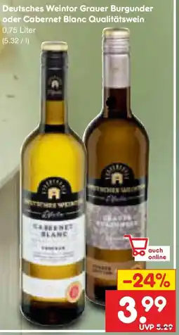 Netto Marken-Discount Deutsches Weintor Grauer Burgunder oder Cabernet Blanc Qualitätswein Angebot