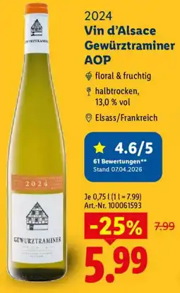 Lidl 2024 Vin d'Alsace Gewürztraminer AOP Angebot