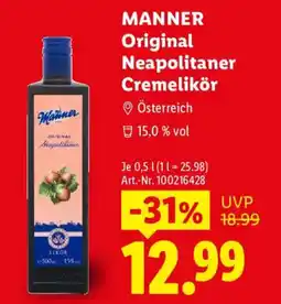 Lidl MANNER Original Neapolitaner Cremelikör Angebot