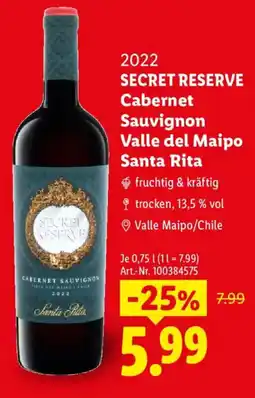 Lidl 2022 SECRET RESERVE Cabernet Sauvignon Valle del Maipo Santa Rita Angebot