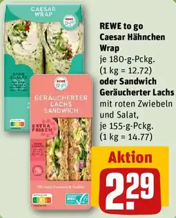 REWE REWE to go Caesar Hähnchen Wrap oder Sandwich Geräucherter Lachs Angebot