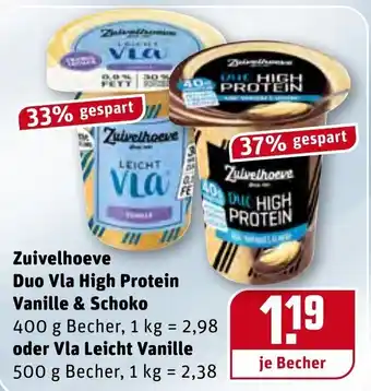 REWE Zuivelhoeve Duo Vla High Protein Vanille & Schoko 400g oder Vla Leicht Vanille 500g Becher Angebot