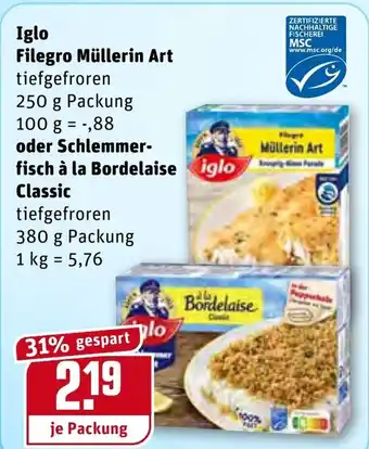 REWE Iglo Filegro Müllerin Art 250g oder Schlemmerfisch à la Bordelaise Classic 380g Angebot