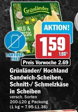 HIT Grünländer/Hochland Sandwich-Scheiben, Schnitt-/Schmelzkäse in Scheiben Angebot