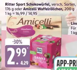 Edeka Ritter Sport Schokowürfel oder Amicelli Waffelröllchen Angebot