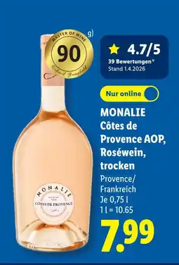 Lidl Monalie côtes de provence aop, roséwein, trocken Angebot