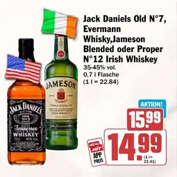 HIT Jack Daniels Old N°7, Evermann Whisky,Jameson Blended oder Proper N°12 Irish Whiskey Angebot