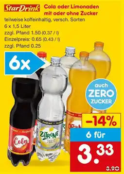 Netto Getränke Discount StarDrink Cola oder Limonaden mit oder ohne Zucker Angebot