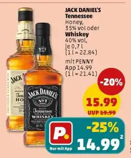 PENNY JACK DANIEL'S Tennessee Honey, 35% vol oder Whiskey 40% vol, je 0,7 l Angebot