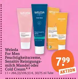 tegut Weleda for men feuchtigkeitscreme, sensitiv reinigungs- milch mandel oder cold cream Angebot