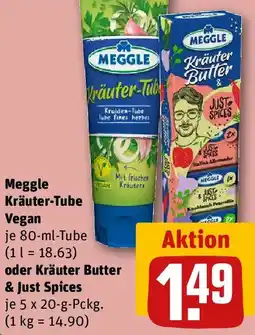 REWE Meggle Kräuter-Tube Vegan oder Kräuter Butter & Just Spices Angebot