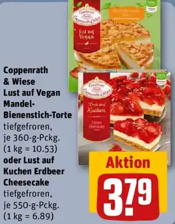REWE Coppenrath & Wiese Lust auf Vegan Mandel Bienenstich-Torte oder Lust auf Kuchen Erdbeer Cheesecake Angebot
