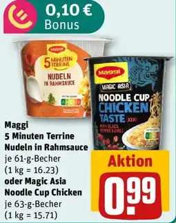 REWE Maggi 5 Minuten Terrine Nudeln in Rahmsauce oder Magic Asia Noodle Cup Chicken Angebot