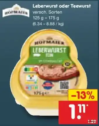 Netto Marken-Discount HOFMAIER Leberwurst oder Teewurst Angebot
