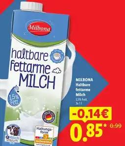 Lidl MILBONA Haltbare fettarme Milch Angebot
