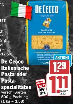 HIT De Cecco Italienische Pasta oder Pastaspezialitäten Angebot