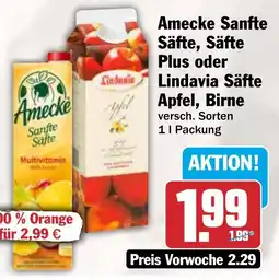 HIT Amecke Sanfte Säfte, Säfte Plus oder Lindavia Säfte Apfel, Birne Angebot