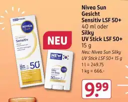 Rossmann Nivea Sun Gesicht Sensitiv LSF 50+ 40 ml oder Silky UV Stick LSF 50+ 15 g Angebot