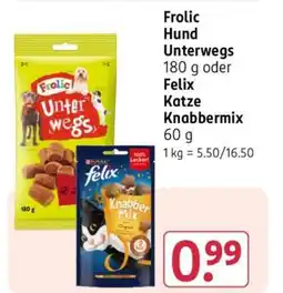 Rossmann Frolic Hund Unterwegs 180 g oder Felix Katze Knabbermix 60 g Angebot