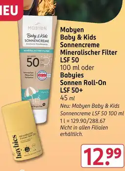 Rossmann Mabyen baby & kids sonnencreme mineralischer filter lsf 50 oder babyies sonnen roll-on lsf 50+ Angebot
