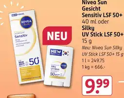Rossmann Nivea sun gesicht sensitiv lsf 50+ oder silky uv stick lsf 50+ 15 g Angebot