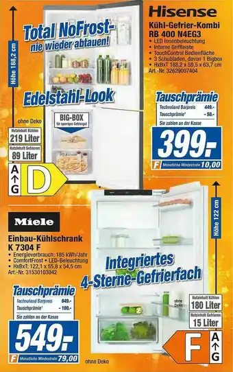 expert Techno Land Hisense Kühl-gefrier-kombi Rb 400 N4eg3 Oder Miele Einbau- Kühlschrank K 7304 F Angebot