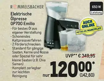 METRO Rommelsbacher Elektrische ölpresse Op700 Emilio Angebot