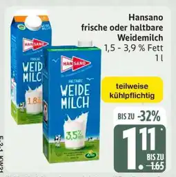 Edeka Hansano frische oder haltbare Weidemilch Angebot