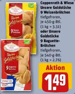 REWE Coppenrath & Wiese Unsere Goldstücke 9 Weizenbrötchen oder Unsere Goldstücke 9 Baguette Brötchen Angebot