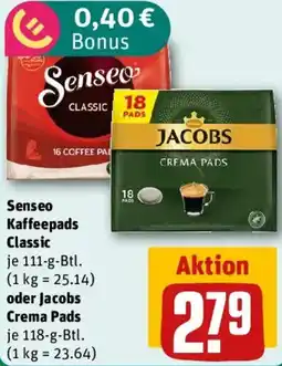 REWE Senseo Kaffeepads Classic oder Jacobs Crema Pads Angebot