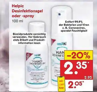 Netto Marken-Discount Helpic Desinfektionsgel Oder Spray Angebot