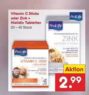 Netto Marken-Discount Prolife Vitamin C Sticks Oder Zink+ Hisitidin Tabletten Angebot