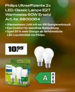 OBI Philips Ultraeffiziente 2x LED Classic Lampe E27 Warmweiss 60W Ersatz Angebot