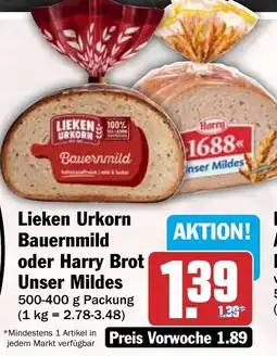 HIT Lieken Urkorn Bauernmild oder Harry Brot Unser Mildes Angebot