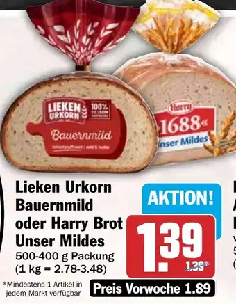 HIT Lieken Urkorn Bauernmild oder Harry Brot Unser Mildes Angebot