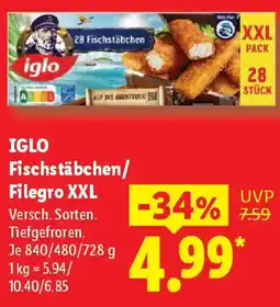 Lidl IGLO Fischstäbchen/ Filegro XXL Angebot