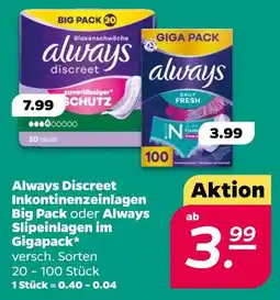 NETTO Always discreet inkontinenzeinlagen big pack oder slipeinlagen im gigapack Angebot