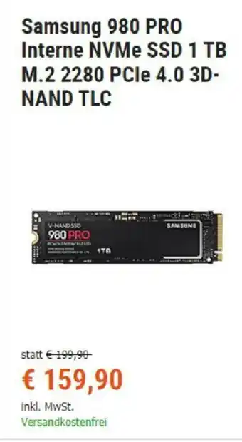 Cyberport Samsung 980 Pro Interne NVMe SSD 1 TB M.2 2280 PCle 4.0 3D NAND TLC Angebot