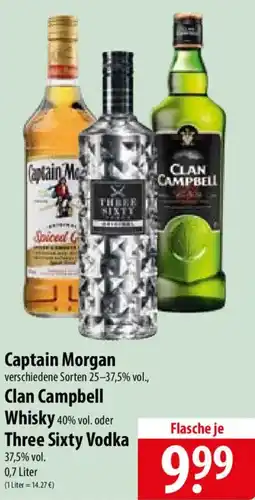 Famila Nord Ost Captain Morgan, Clan Campbell Whisky 40% vol. oder Three Sixty Vodka Angebot