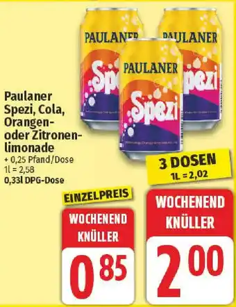 NP Discount Paulaner Spezi, Cola, Orangen oder Zitronenlimonade Angebot