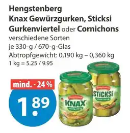 V Markt Hengstenberg knax gewürzgurken, sticksi gurkenviertel oder cornichons Angebot