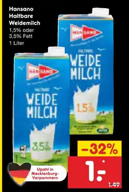 Netto Marken-Discount Hansano haltbare weidemilch 1,5% fett Angebot