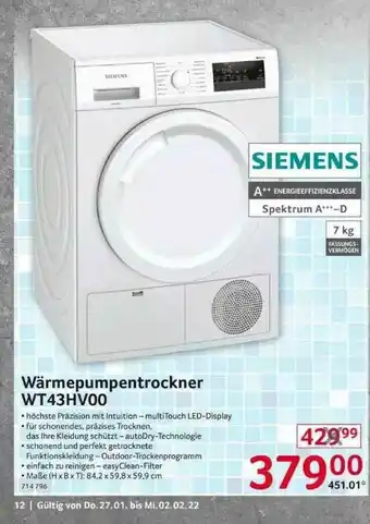 Selgros Siemens Wärmepumpentrockner Wt43hv00 Angebot