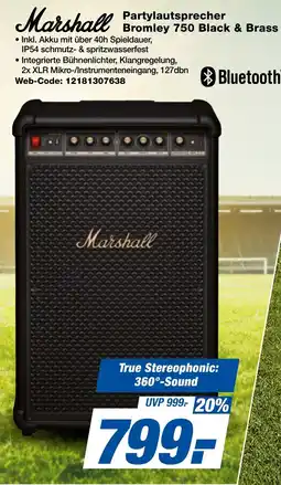 expert Techno Land Marshall Partylautsprecher Bromley 750 Black & Brass Angebot