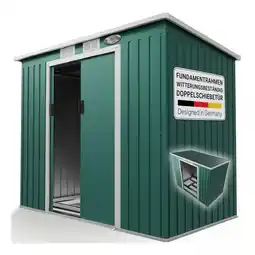 Netto Marken-Discount Juskys Metall Gerätehaus Geräteschuppen M mit Pultdach, Schiebetür & Fundament 4m³ grün Angebot