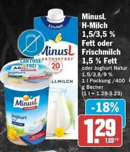HIT MinusL H-Milch 1,5/3,5 % Fett oder Frischmilch 1,5 % Fett Angebot