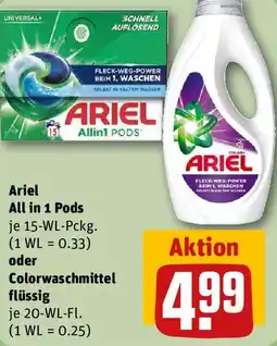 REWE Ariel All in 1 Pods oder Colorwaschmittel flüssig Angebot