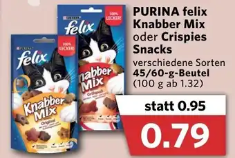 Combi Purina Felix Knabber Mix oder Crispies Snacks 45/60g Beutel Angebot