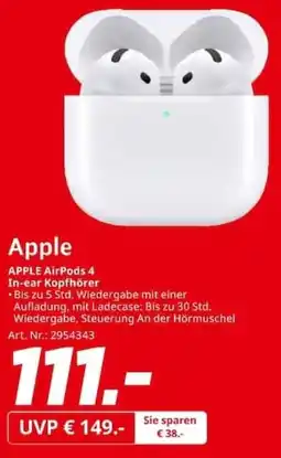 MediaMarkt APPLE AirPods 4 In-ear Kopfhörer Angebot