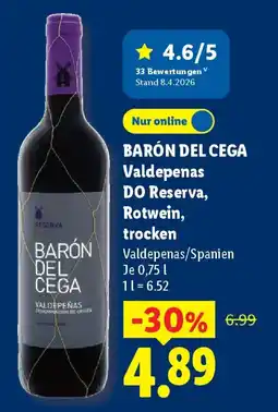 Lidl BARÓN DEL CEGA Valdepenas DO Reserva, Rotwein, trocken Angebot